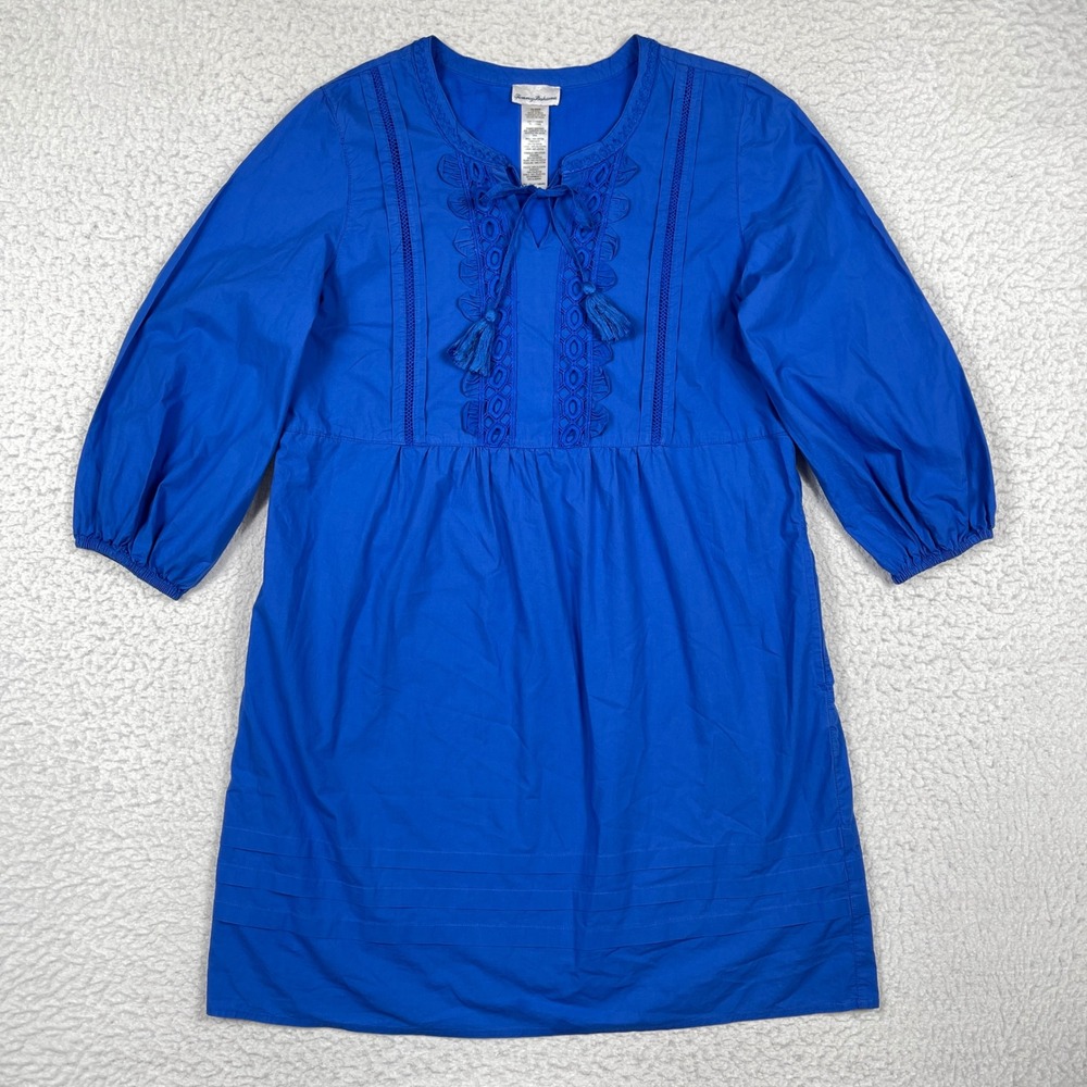 Tommy Bahama Dress Womens Medium Blue Embroidered Tassel Coastal Boho Beach